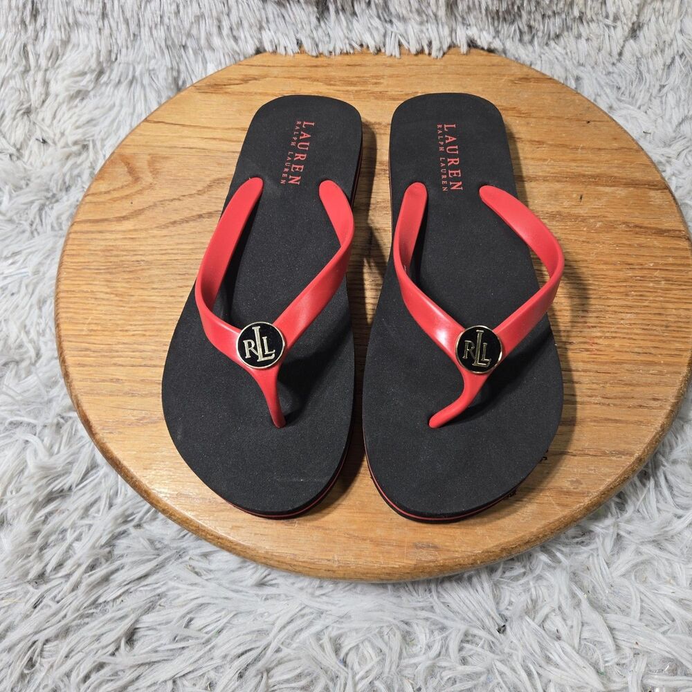 Lauren Ralph Lauren Black Red Flip Flop Sandals Wmn 9B Gold RLL Logo Medallion